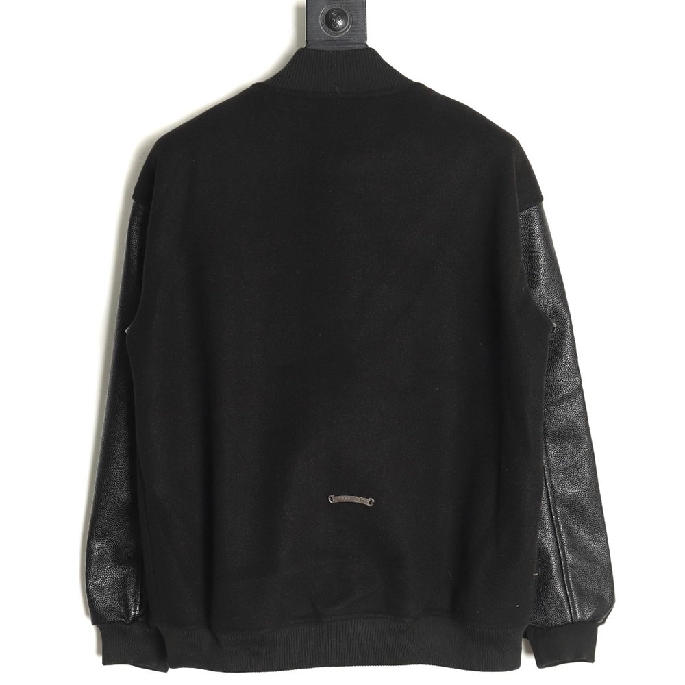 Chrome Hearts cross-patch multi-label leather sleeve baseball jacket,Chrome Hearts