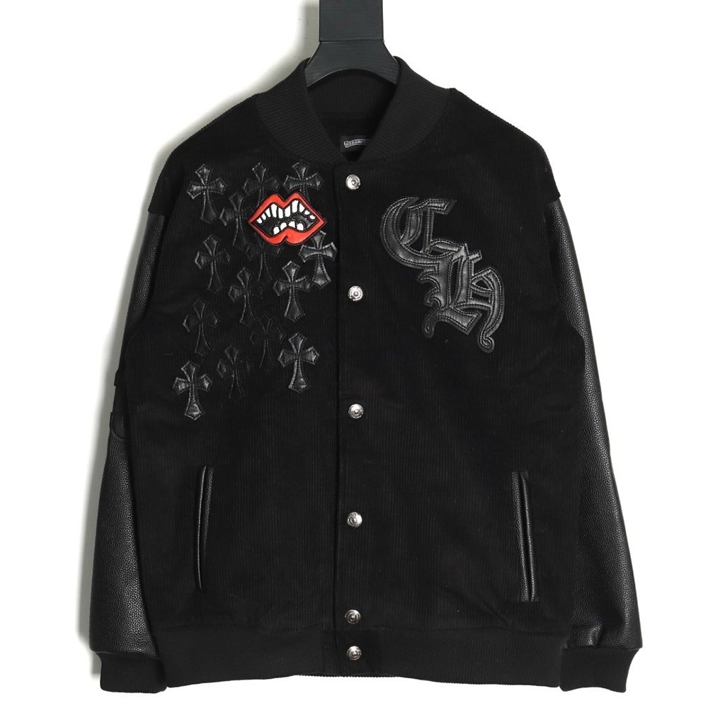 Chrome Hearts embroidered lips patchwork leather baseball jacket,Chrome Hearts