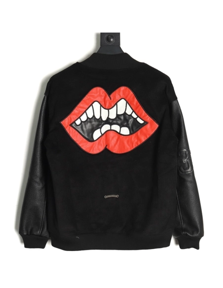 Chrome Hearts embroidered lips patchwork leather baseball jacket,Chrome Hearts