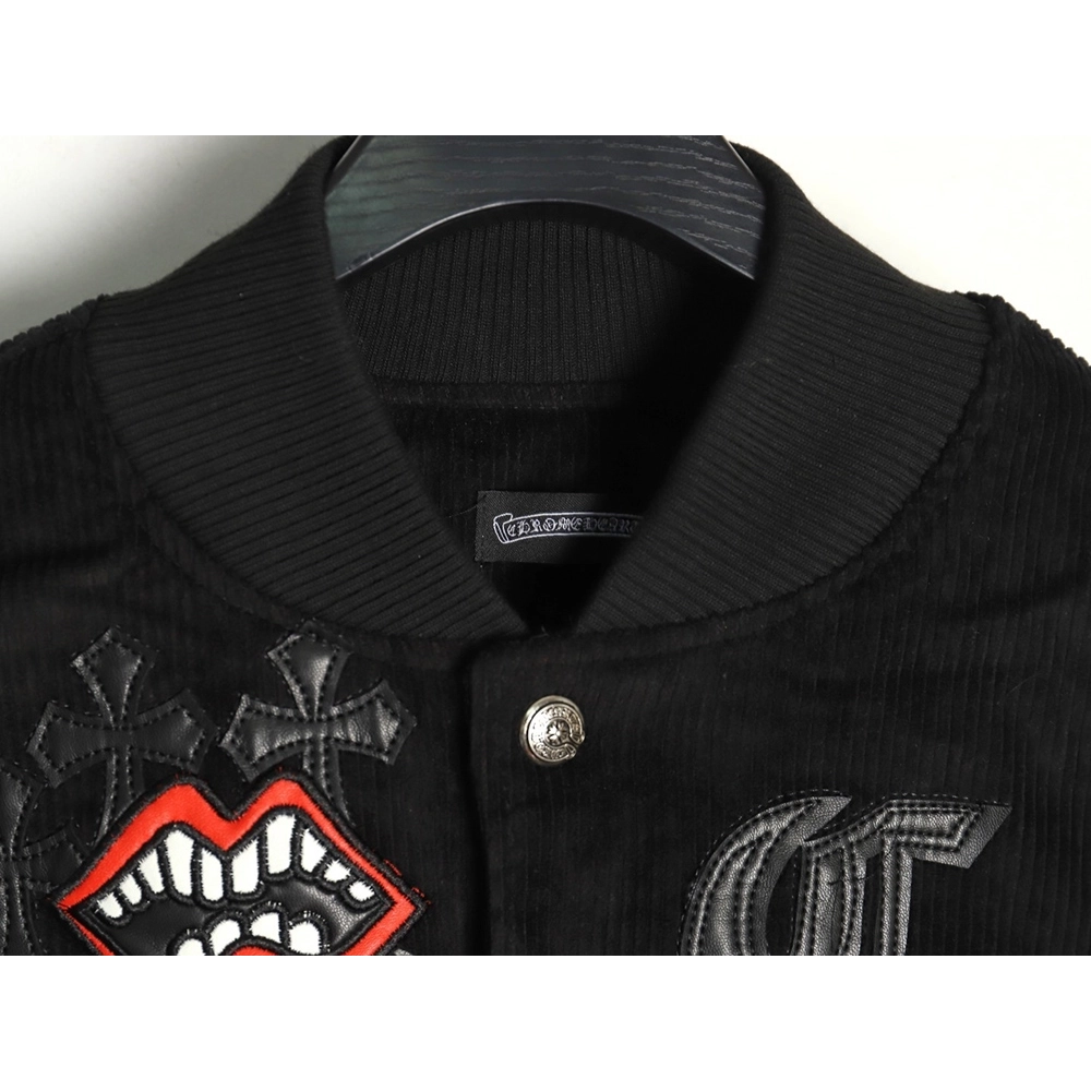 Chrome Hearts embroidered lips patchwork leather baseball jacket,Chrome Hearts