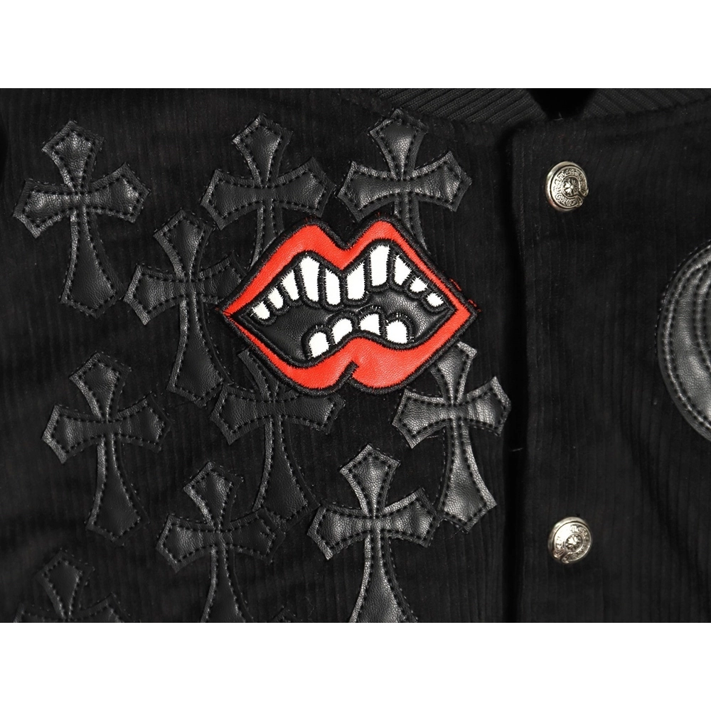 Chrome Hearts embroidered lips patchwork leather baseball jacket,Chrome Hearts