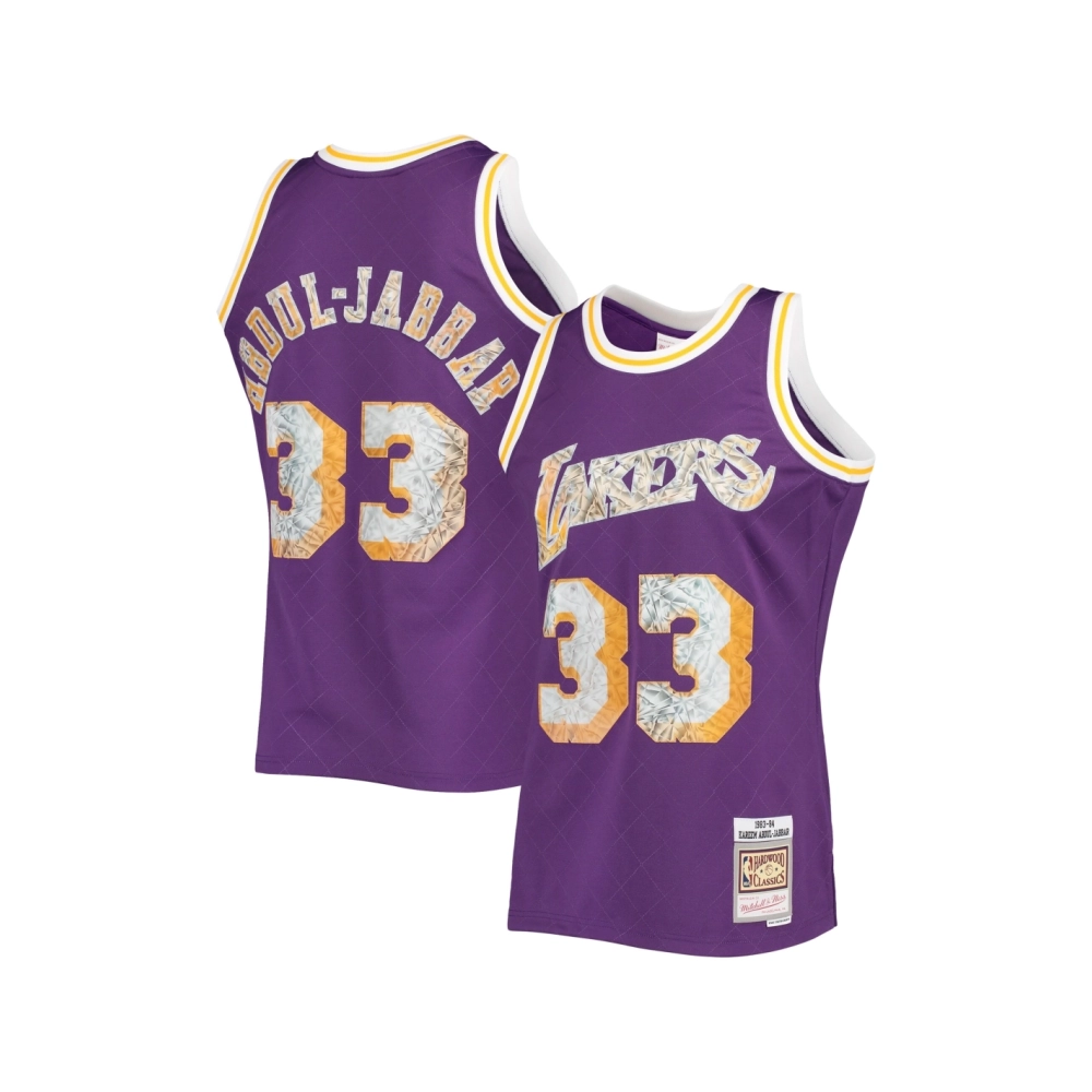 Mens Los Angeles Lakers Kareem Abdul-Jabbar Purple 1996-97 Hardwood Classics NBA 75th Anniversary Diamond Swingman Jersey,Los An
