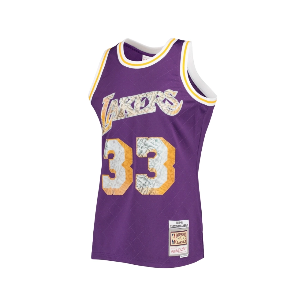 Mens Los Angeles Lakers Kareem Abdul-Jabbar Purple 1996-97 Hardwood Classics NBA 75th Anniversary Diamond Swingman Jersey,Los An
