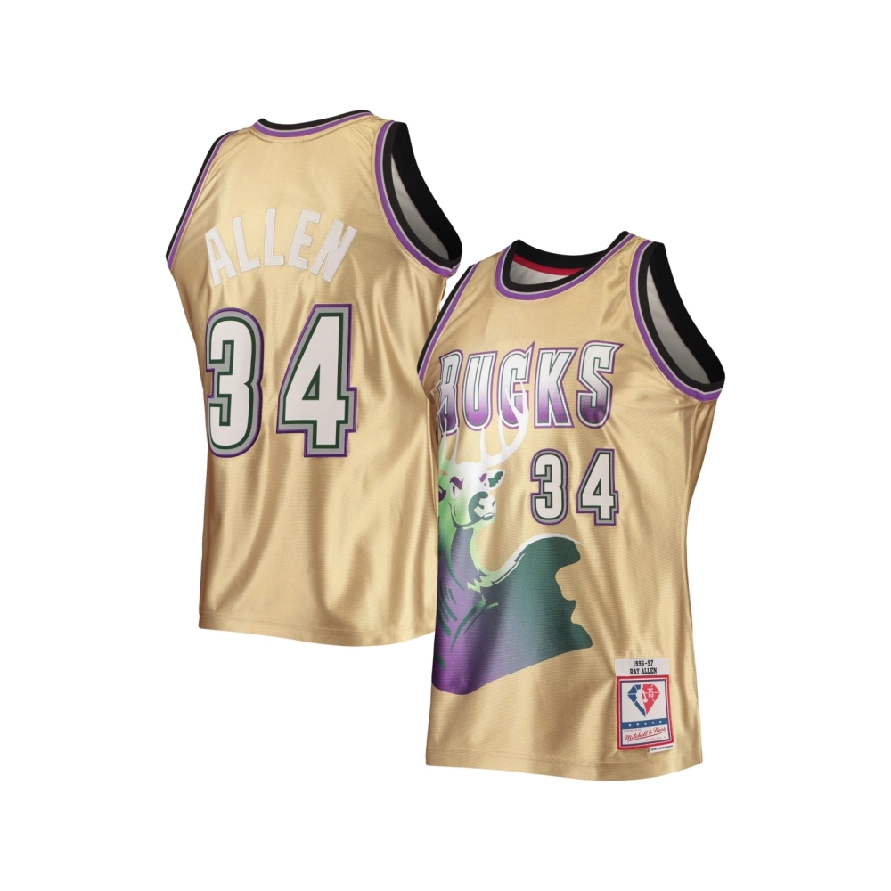 Mens Milwaukee Bucks Ray Allen Gold 75th Anniversary 1996 97 Hardwood Classics Swingman Jersey,Milwaukee Bucks,NBA,JERSEY with f