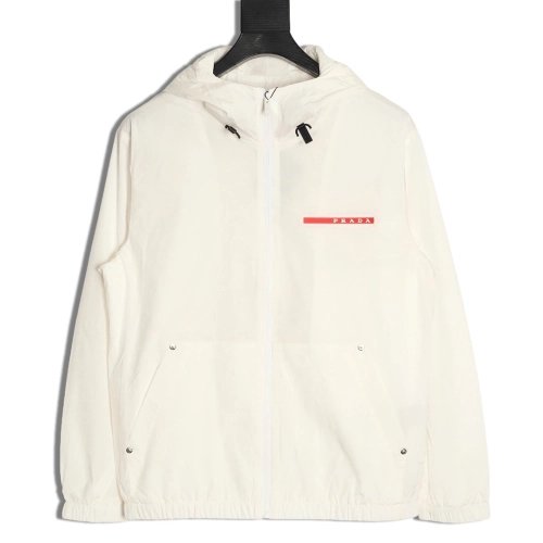 Prada chest red stripe zip-up hooded jacket,Prada