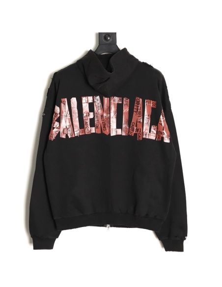 Balenciaga red masking tape zip-up hooded jacket,Balenciaga